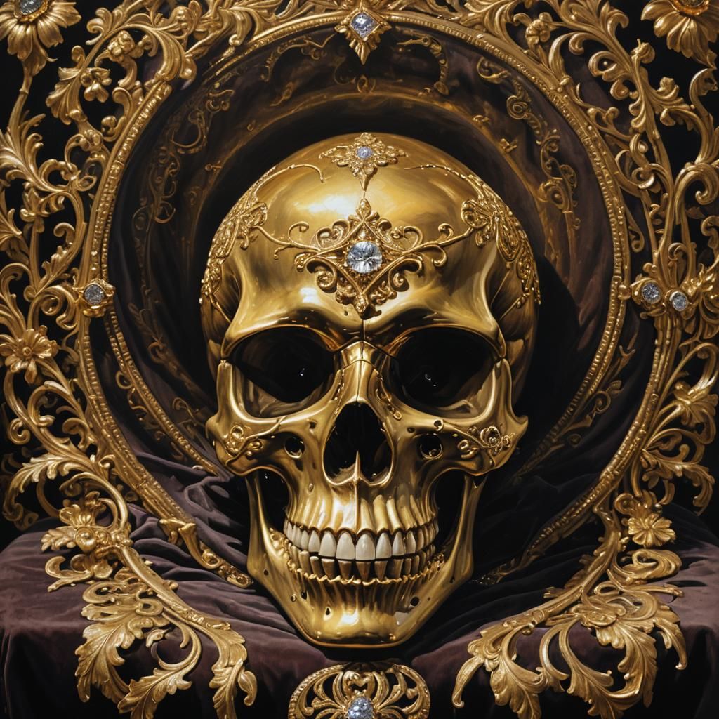 Golden Skull with Diamond Eyes Oil Painting