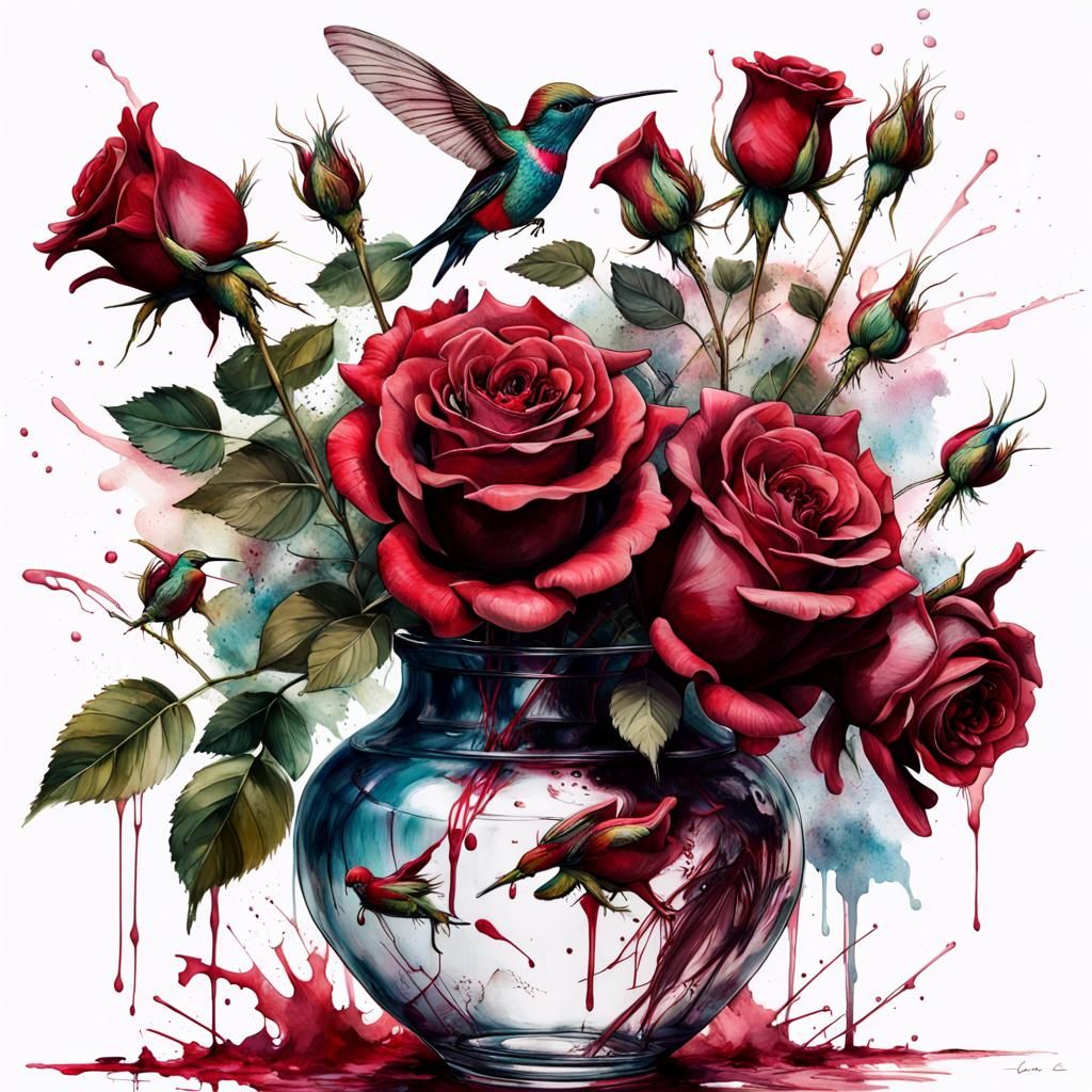 Ornate Vase of Dark Red Roses with Hummingbirds