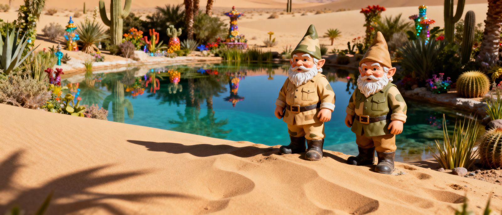 Desert Gnomes in Camouflage on Dune Near Oasis