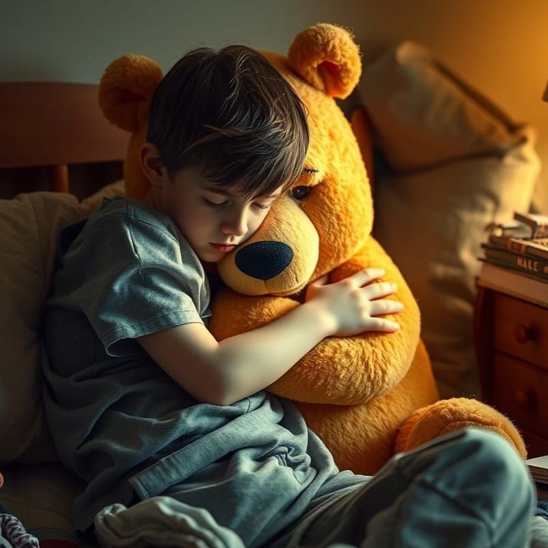 Boy Comforted by Winnie the Pooh, Realistic Style
