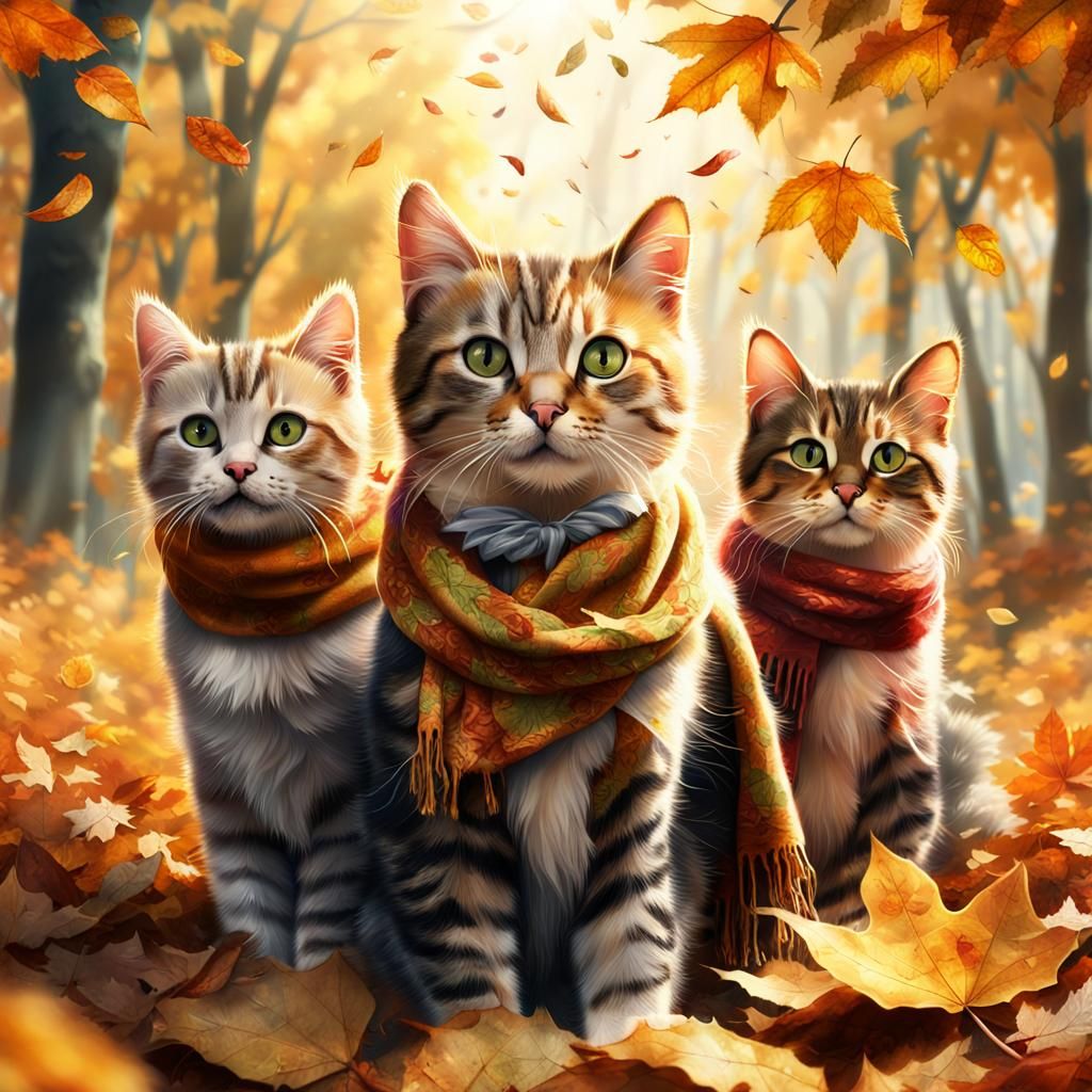 Cats and Kittens in Autumnal Watercolor Landscape