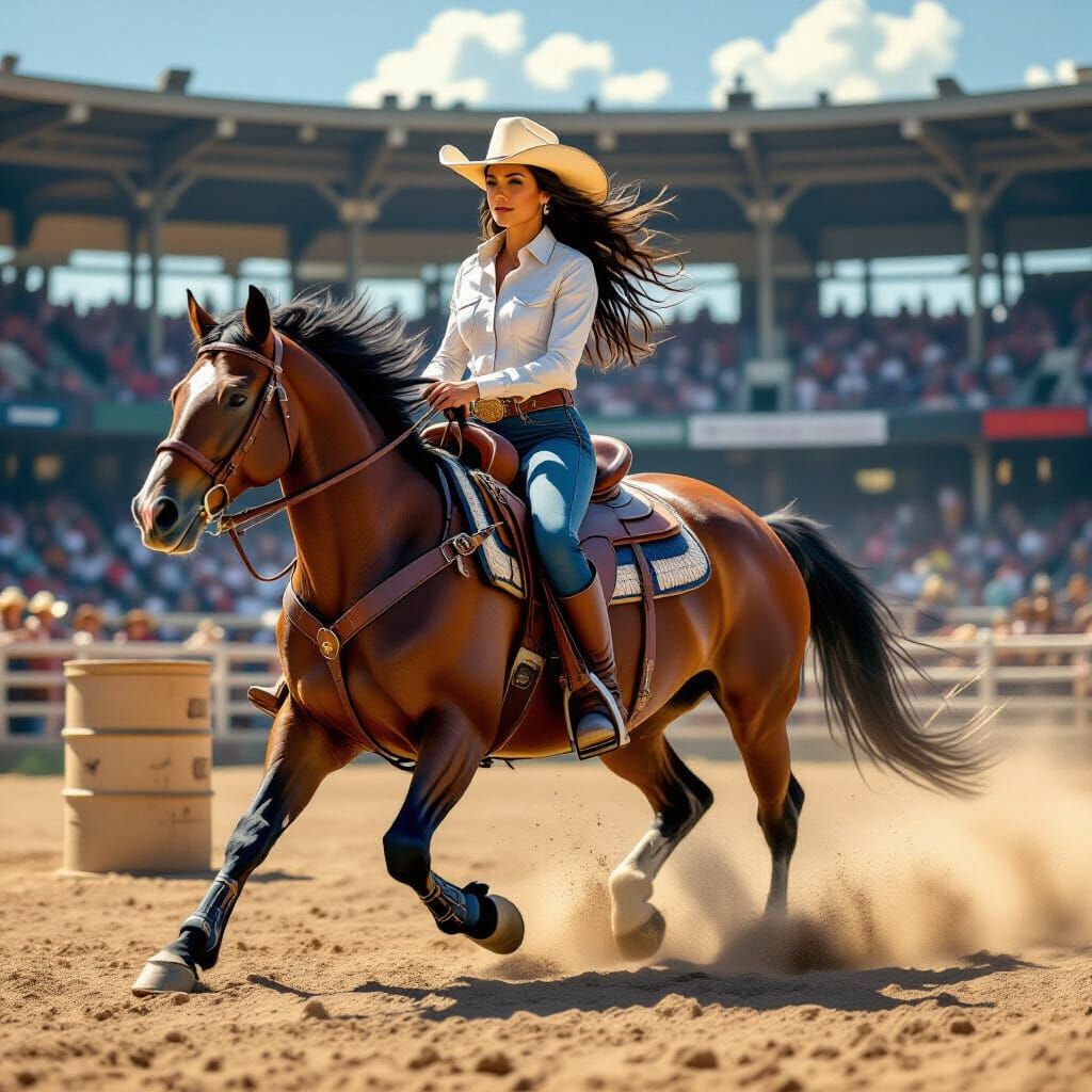 Cowgirl Rides Horse in Calgary Stampede, Hyperrealistic Digi...