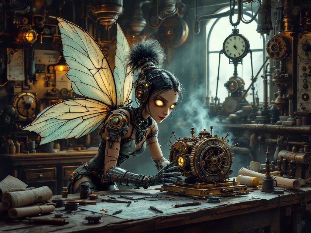 Steampunk Mechanical Fairy Repairs Clockwork Contraption