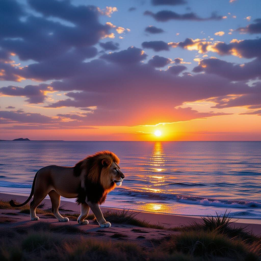 Lion on African Coast at Twilight Sunrise