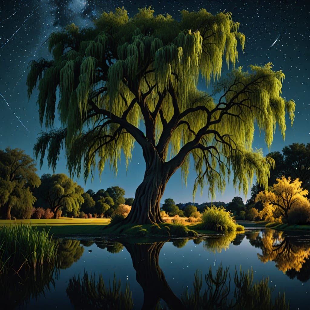 Weeping Willow Tree Under Starlit Skies in Soft, Warm Light