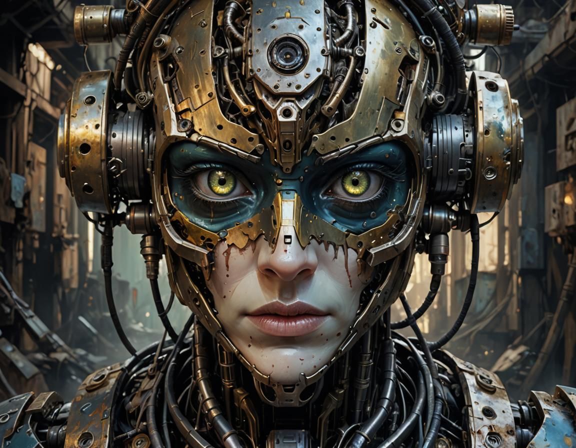 Android with Human and Robotic Features in Oil Painting