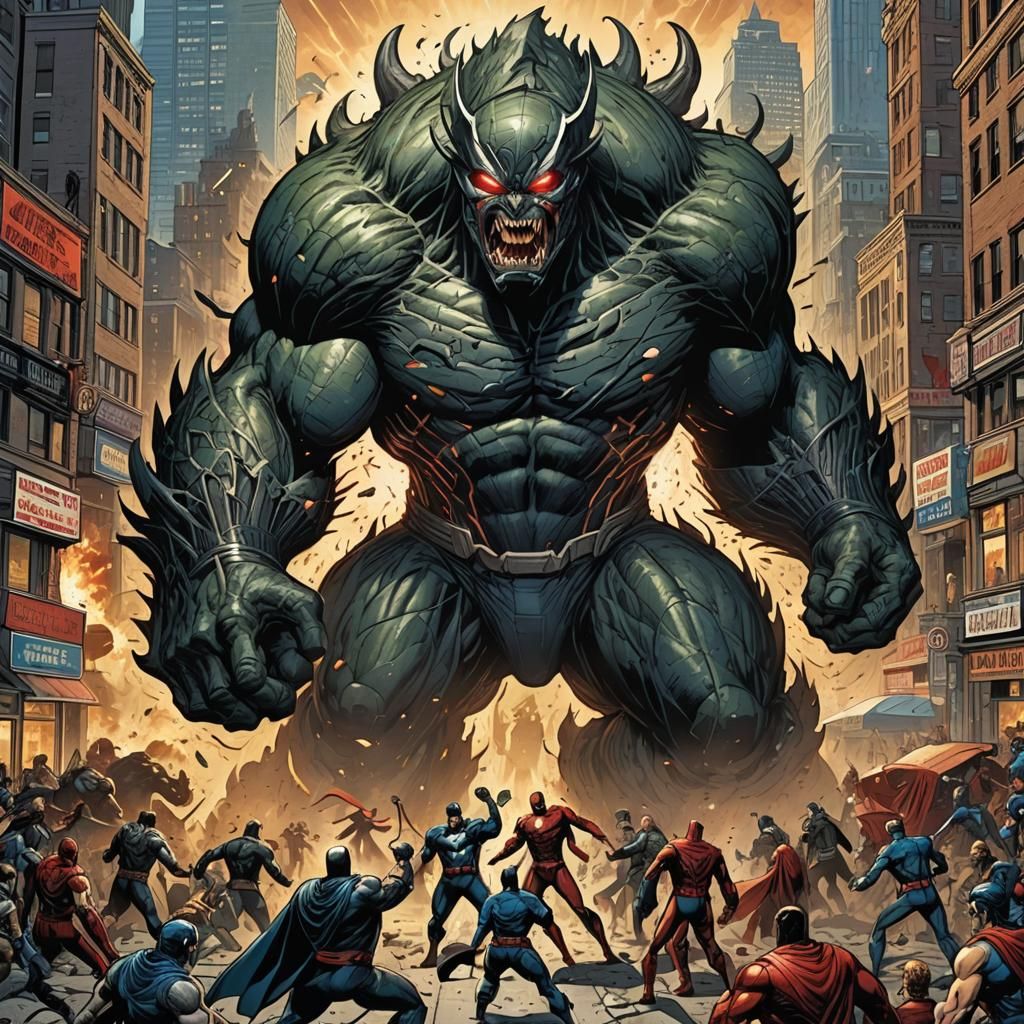 Superhero Team Faces Giant Monster in Comic Art