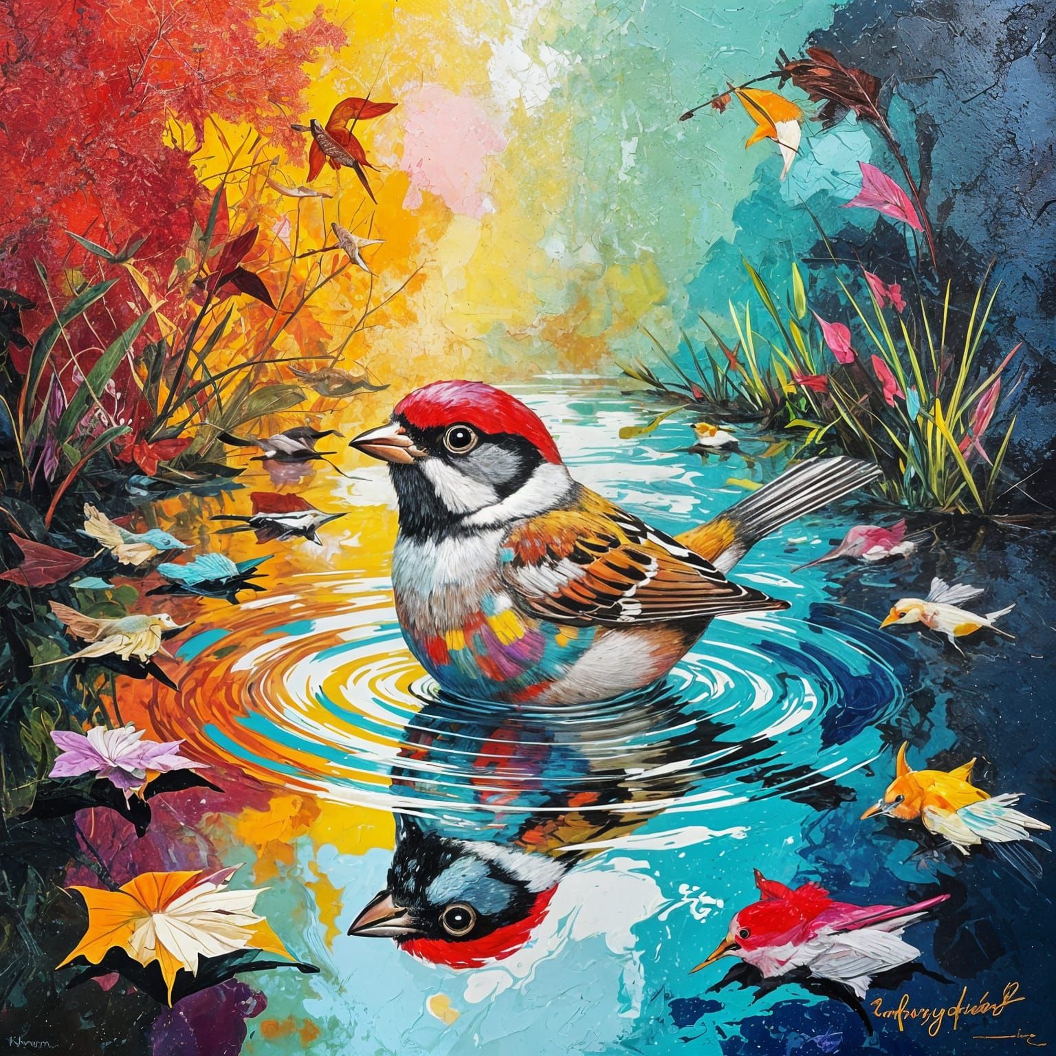 Sparrow Takes a Bath: Abstract Collage Painting
