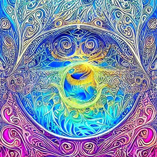 Fantastical Blue Cat Portrait in Deep, Intricate Zentangle S...