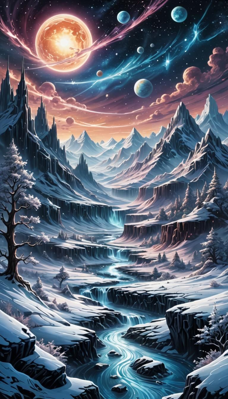 Icy Cosmic Galactic Landscape Inspired by Fantasy Art