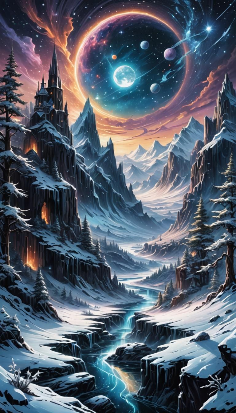 Icy Cosmic Galactic Landscape in Fantasy Art Style