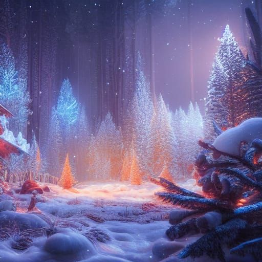 Enchanted Winter Night Forest in Detailed Matte Painting