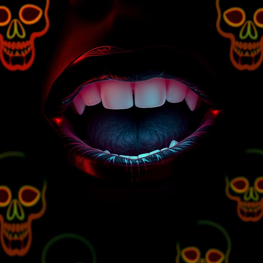Bioluminescent Vampire Lips with Neon Skull Background