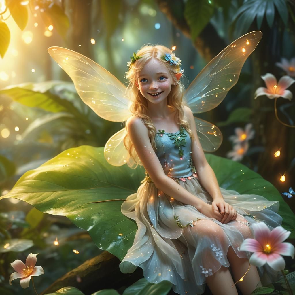 Irish Fairy in Tropical Rainforest, Art Nouveau Style