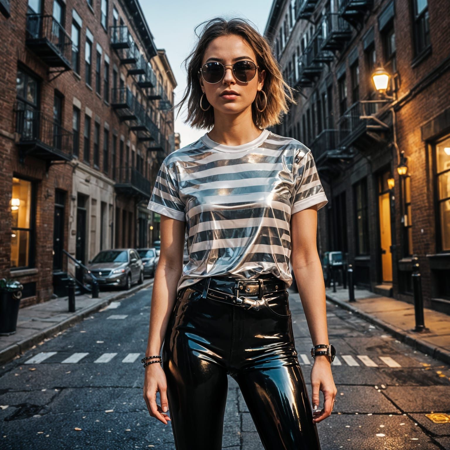 Young Woman in Latex Leggings on City Street