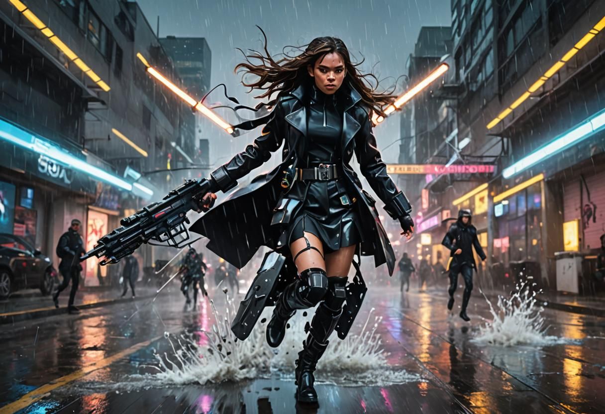 Cyberpunk Woman Running with Drones in Futuristic City