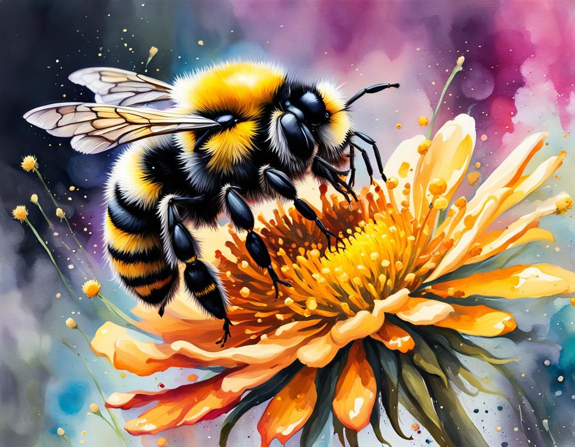 Bumblebee Landing on Flower in Watercolor Painting