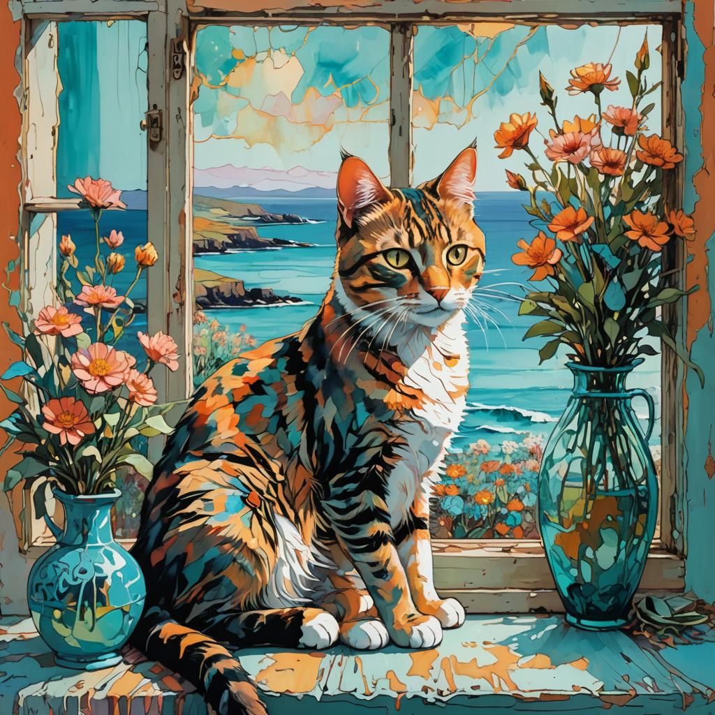 Un gato en el alféizar de una ventana con un jarrón de flores con vistas al mar