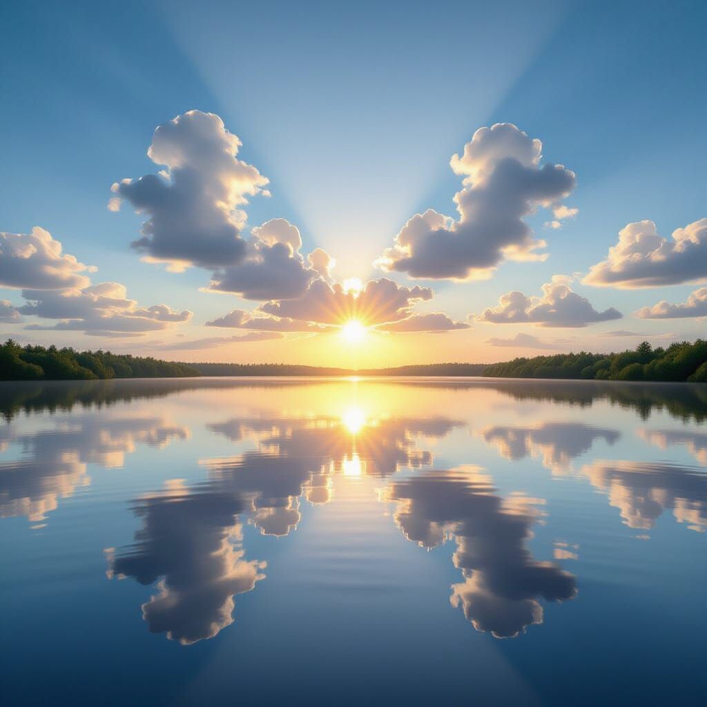 Serene Lake Reflects Sunlit Clouds in Hyperrealistic Style
