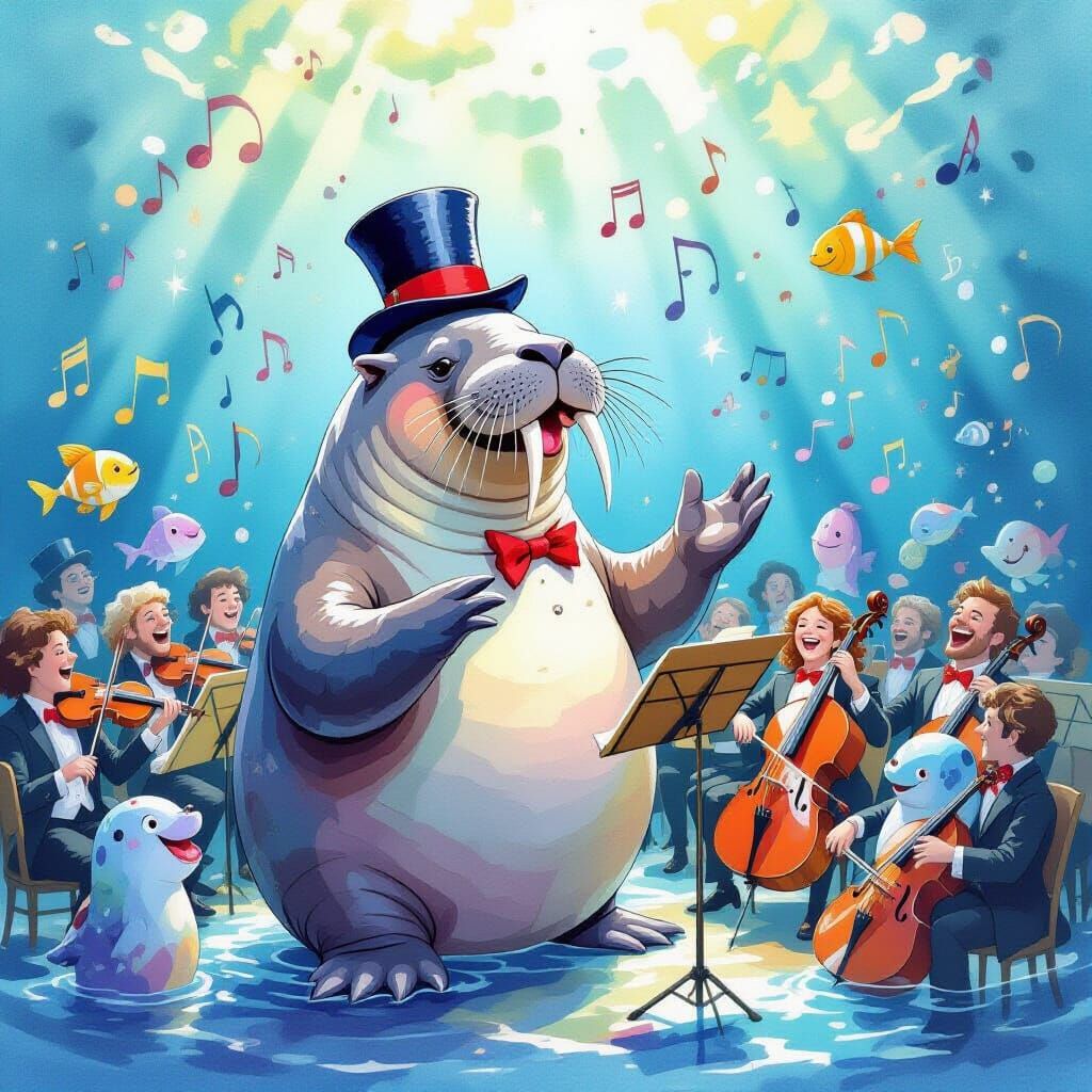 Walrus Conductor's Underwater Orchestra in Watercolor