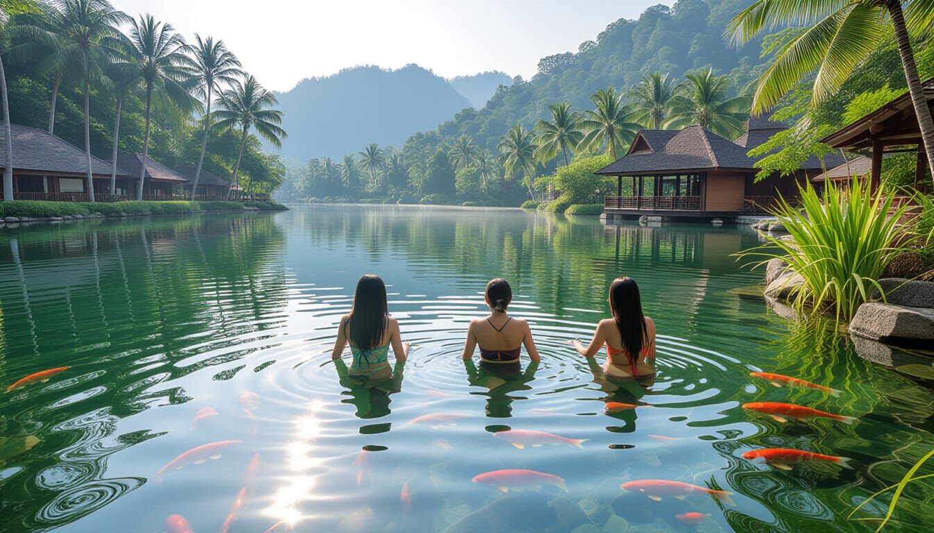 Crystal Clear Pond with Fishes and Bathing Girls