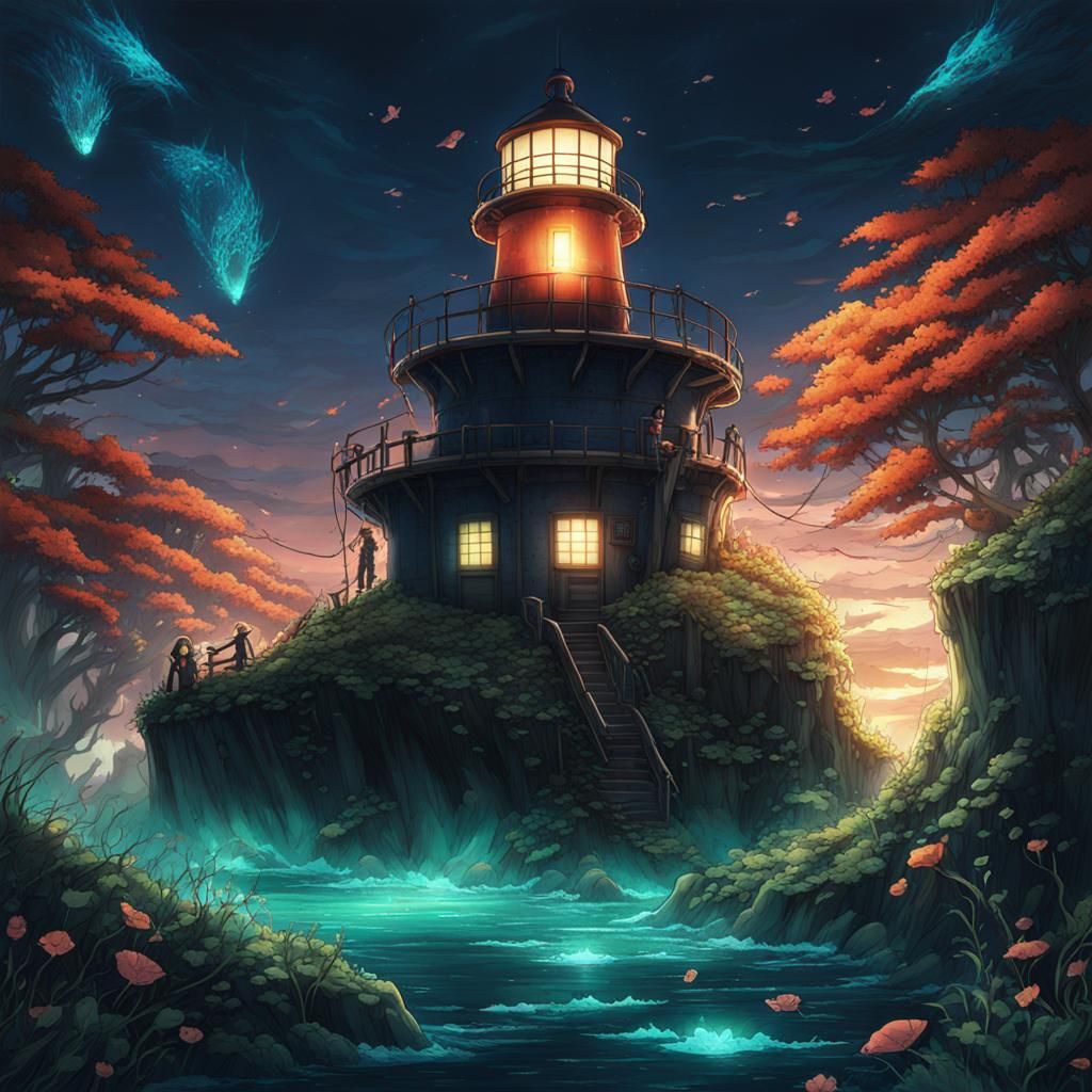 Lighthouse Transformed: Bioluminescent Anime Key Visual