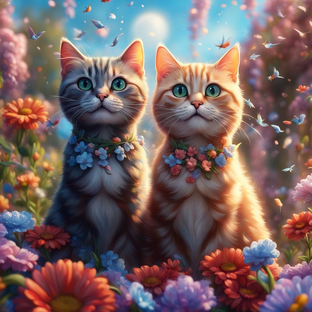 Two Smiling Cats in a Detailed Digital Painting