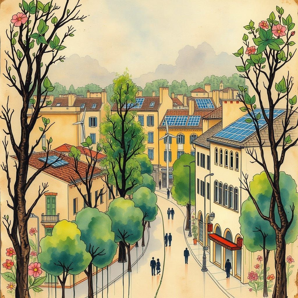 Sustainable Futuristic Neighborhoods in Watercolor Style