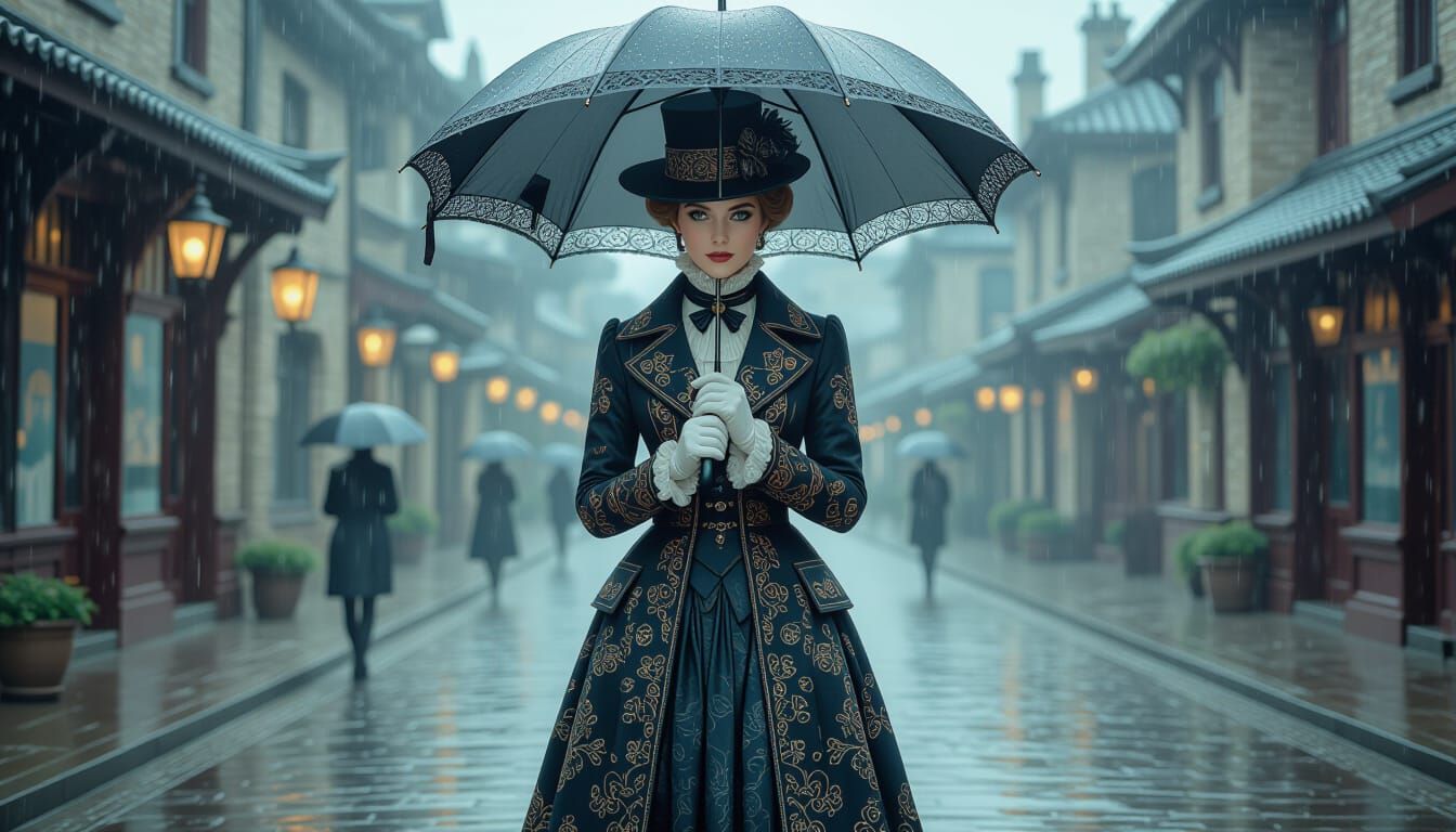 Victorian Woman in Rain: Photorealistic Art