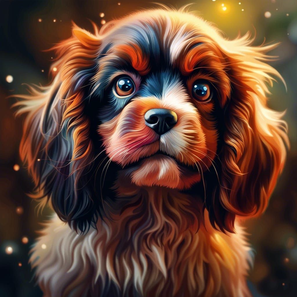 Cute Fluffy Spaniel Puppy in Impasto Oil Painting