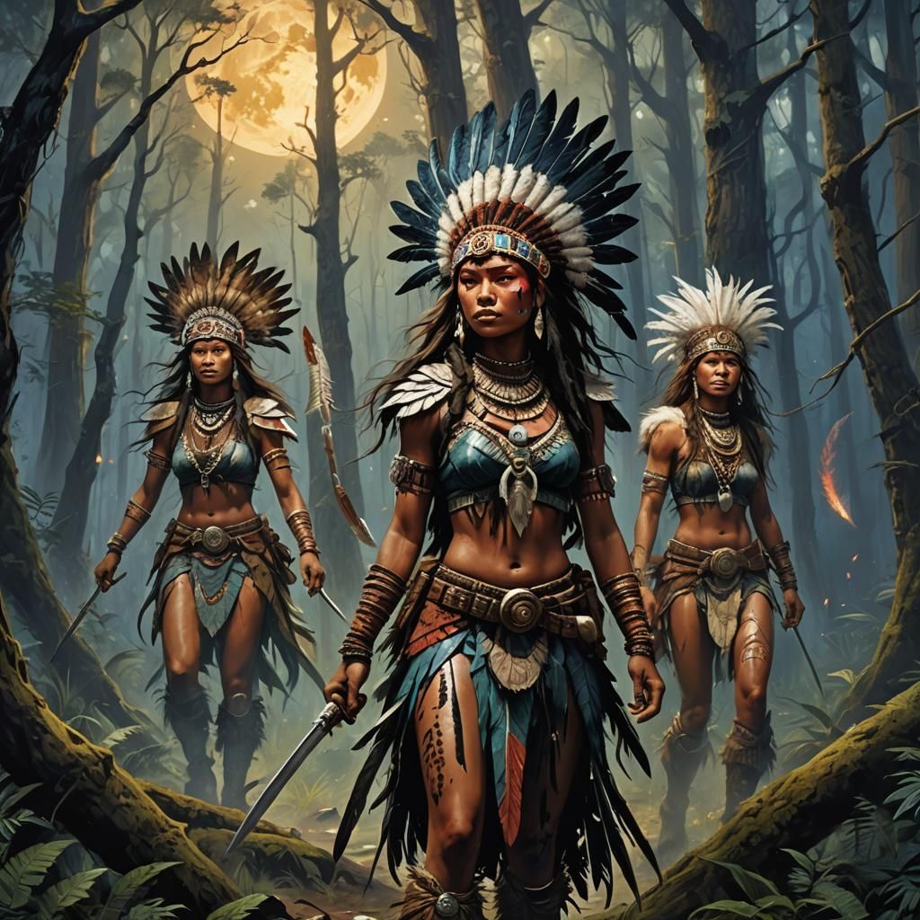 Tribal Women Warriors in Mystical Forest, Digital Art