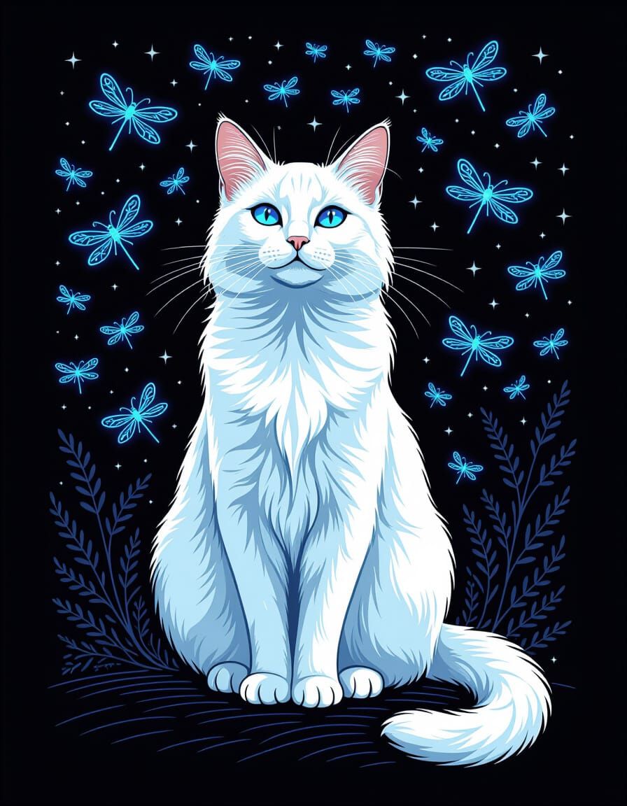 White Cat with Blue Fireflies in Line Art Style