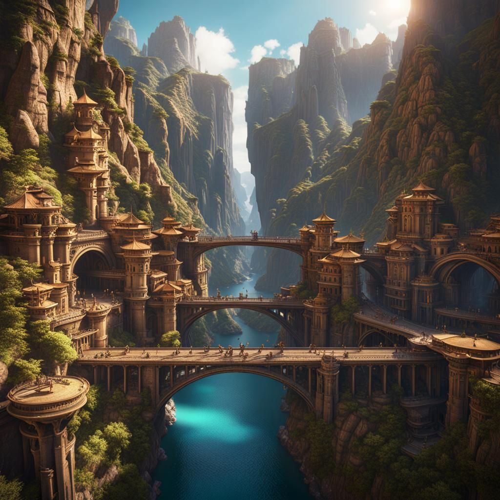 Fantastical City Inside a Canyon with Bridges