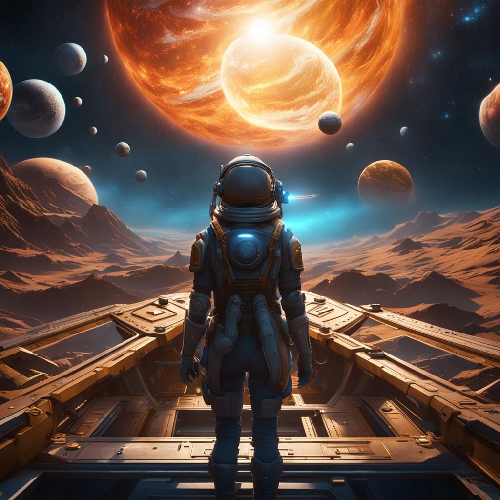 Girl on Solar Sail Spaceship Among Alien Planets