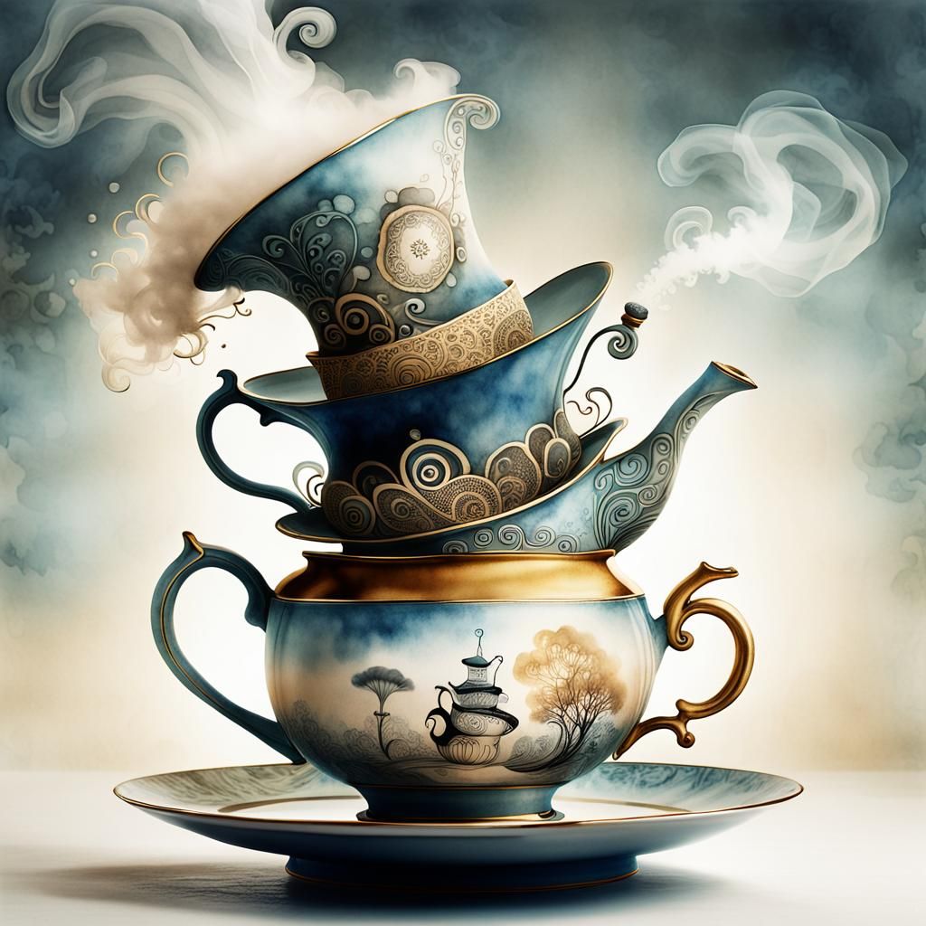 Surreal Whimsical Tea Pot in Watercolor Style