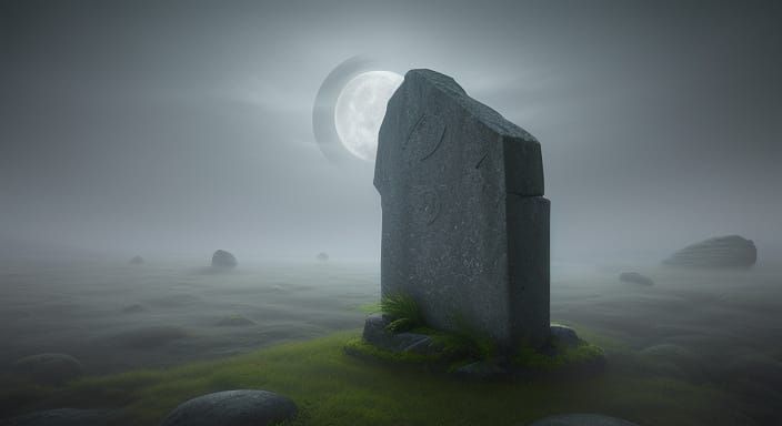 Mysterious Ancient Stone in Ethereal Landscape