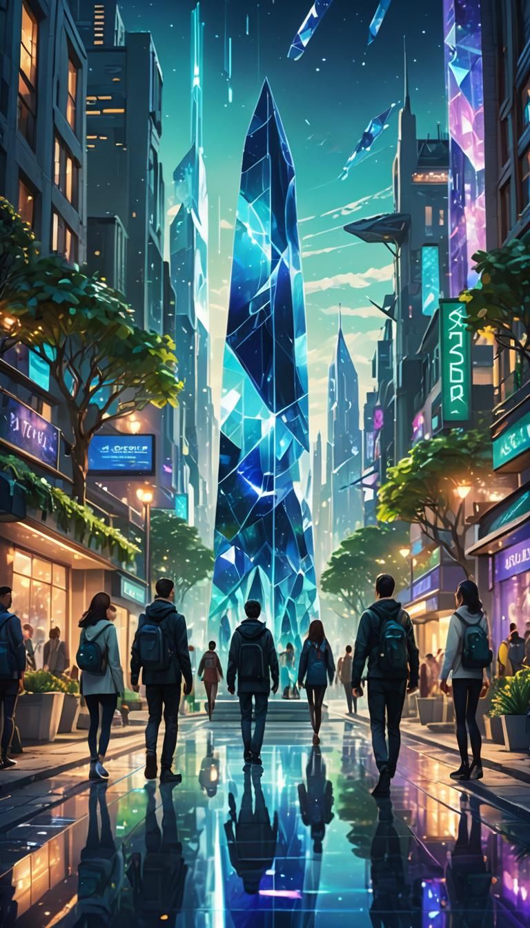 Futuristic Eco-Town with Sapphire Crystal Obelisk