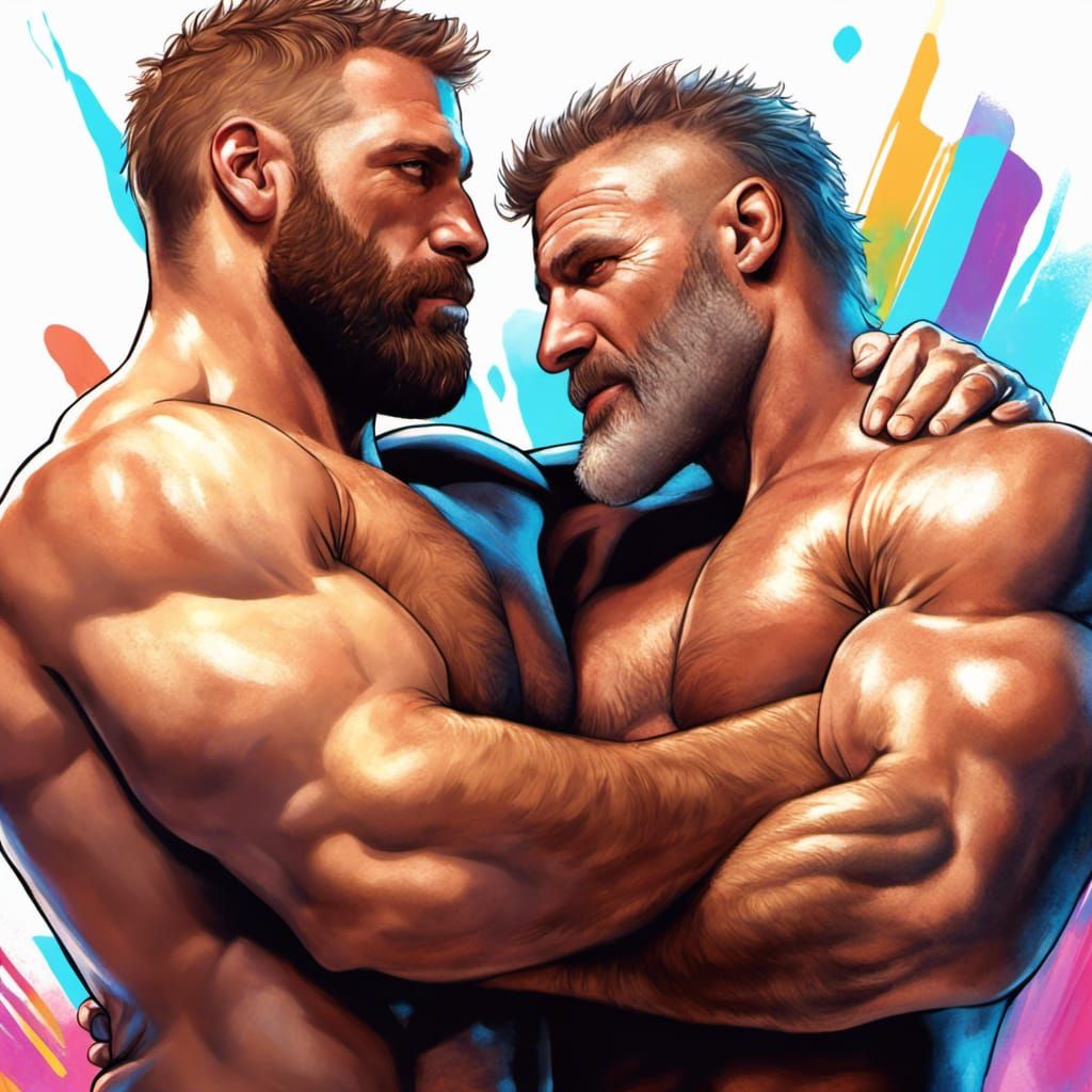 Hyperrealistic Muscle Men Embrace in Bedroom Setting