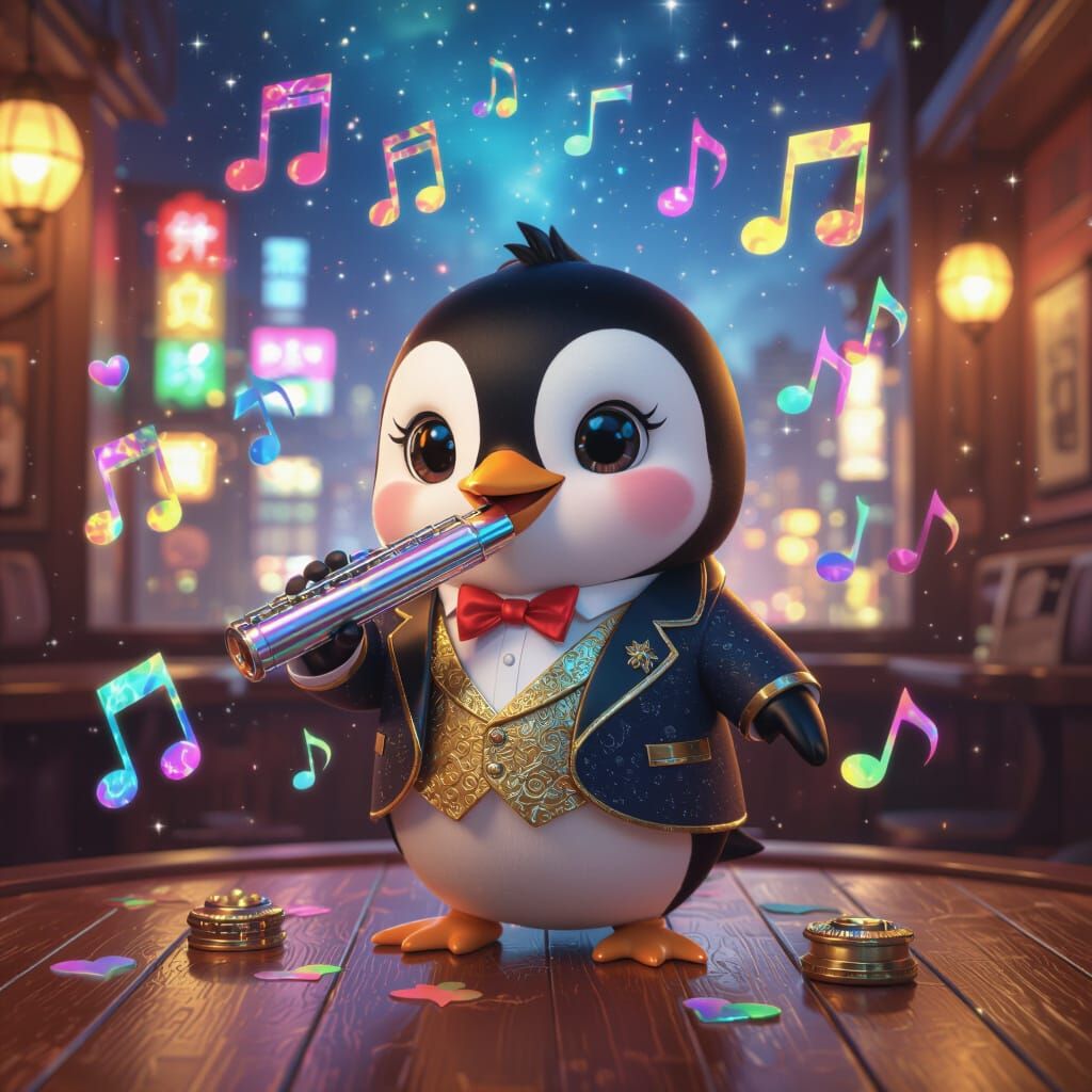 Adorable Penguin Plays Harmonica in Opulent Pub