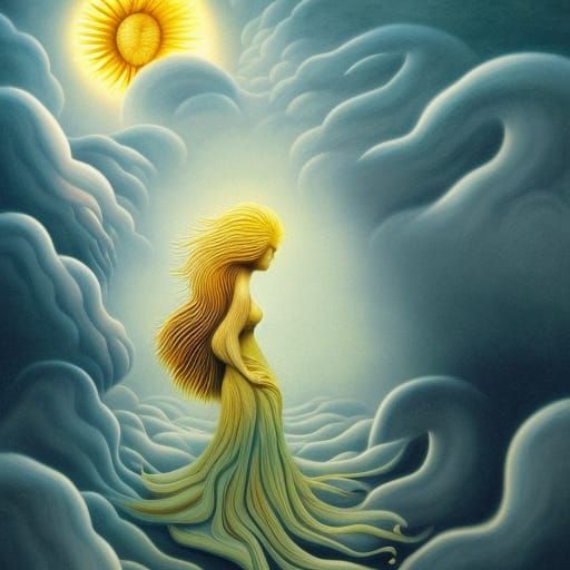 Surreal Woman in Sun and Moon Clouds