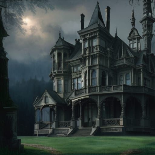 Ethereal Victorian Mansion in Hyper-Detailed Landscape Paint...