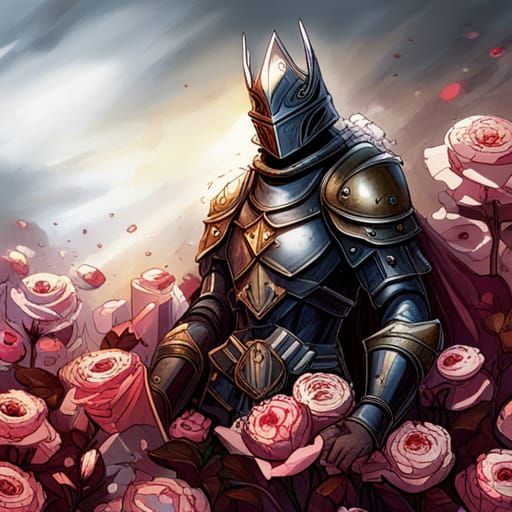 Grimdark Paladin in Rose Garden: Dark Fantasy Art