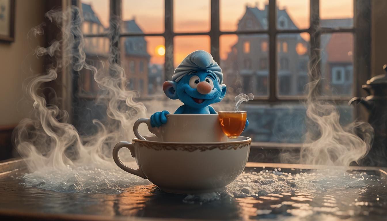 Cinematic Smurf Swims in Steaming Cup of Tea