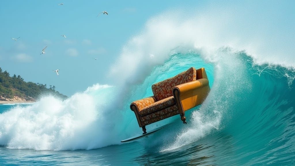 Mid-Century Sofa Surfing a Giant Wave