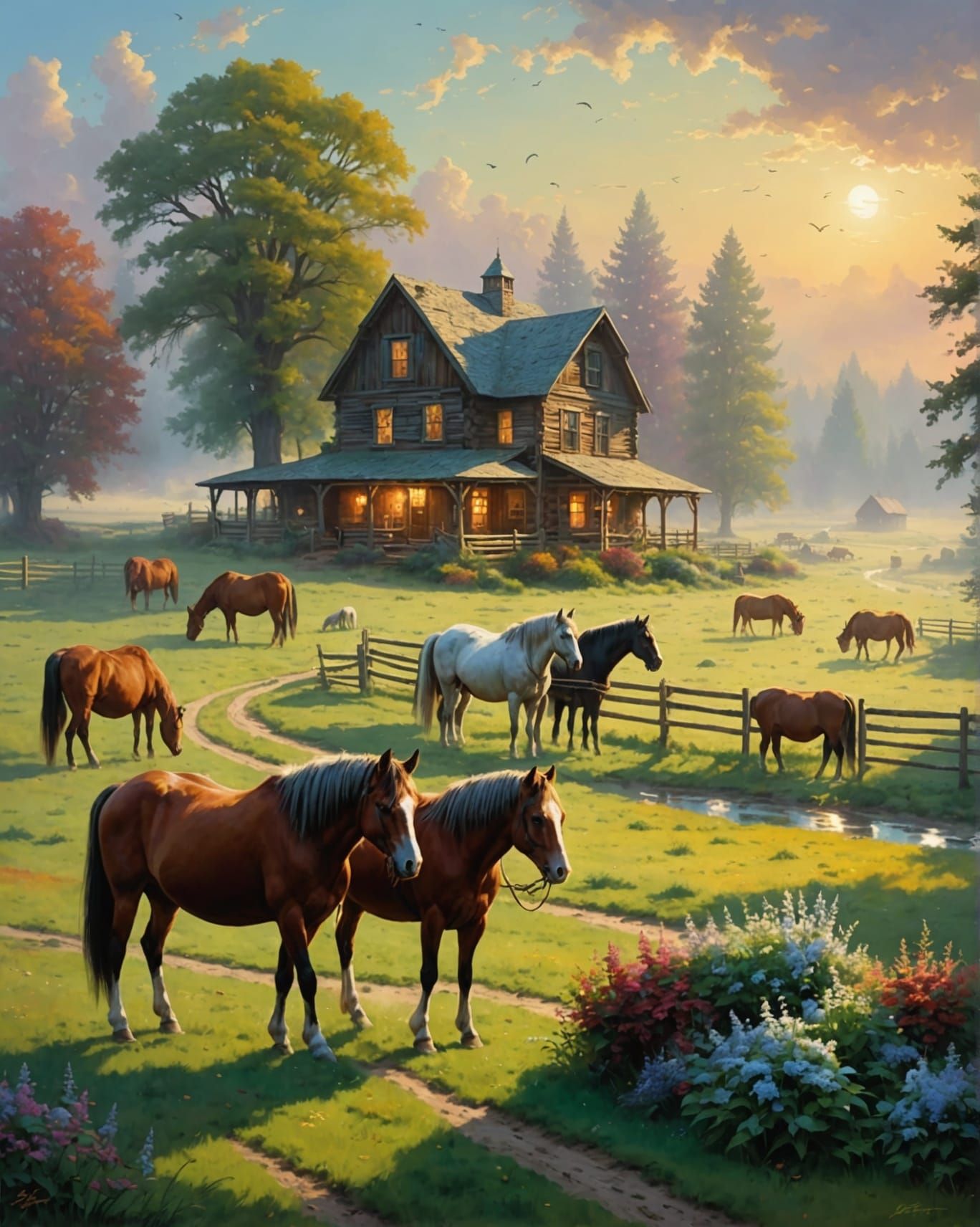 Idyllic Farm with Grazing Horses, Ethereal Fantasy Style