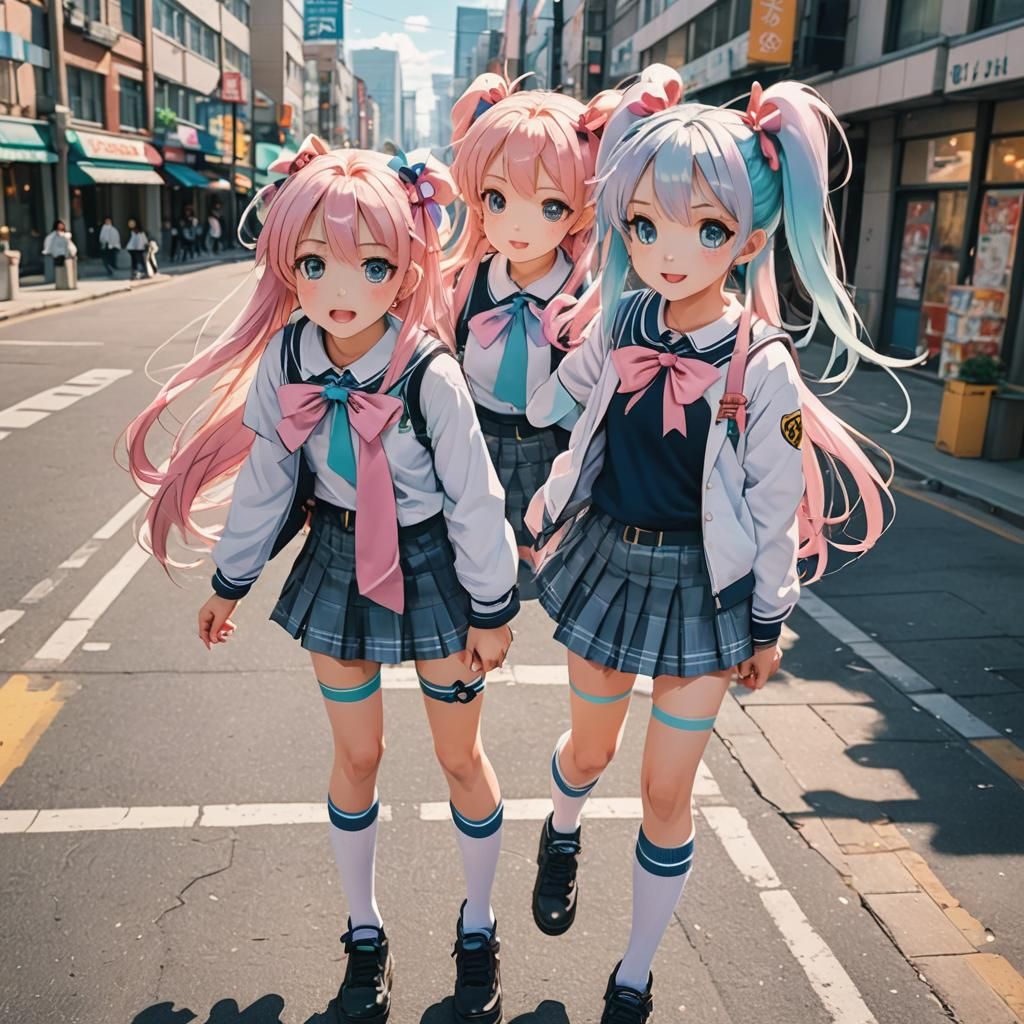 Twin Sisters in Bustling City: Anime-Inspired Art