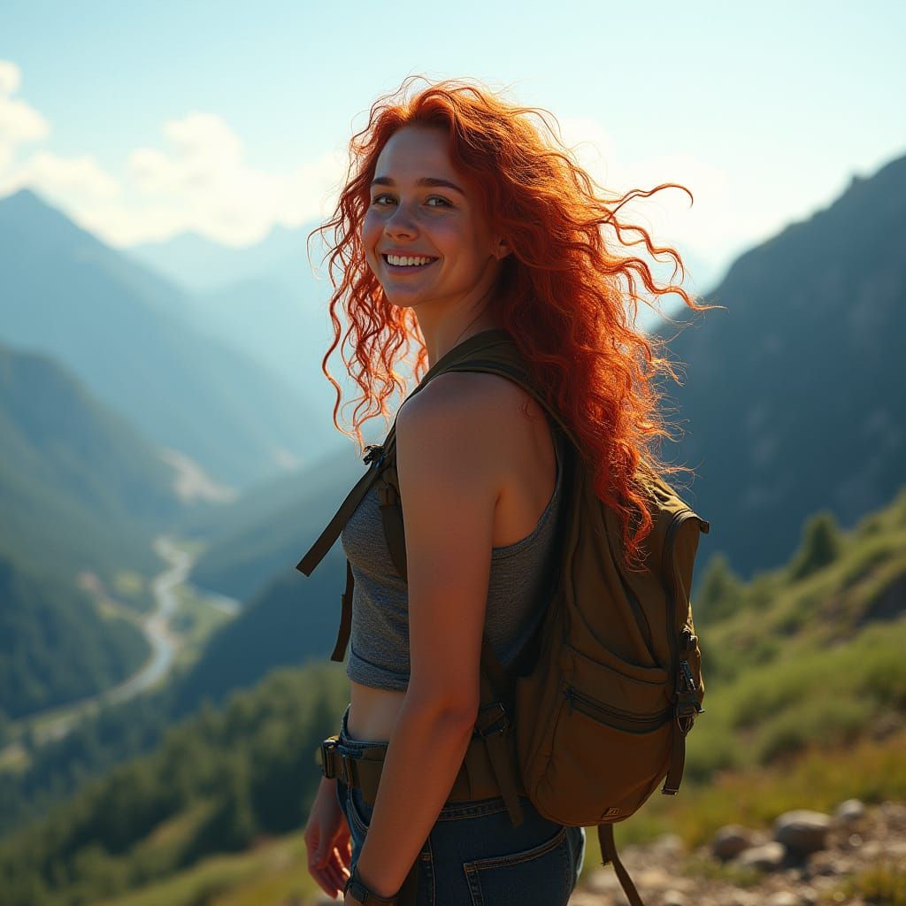 Red-Haired Hiker in Sunlit Valley Overlook, Concept Art Port...