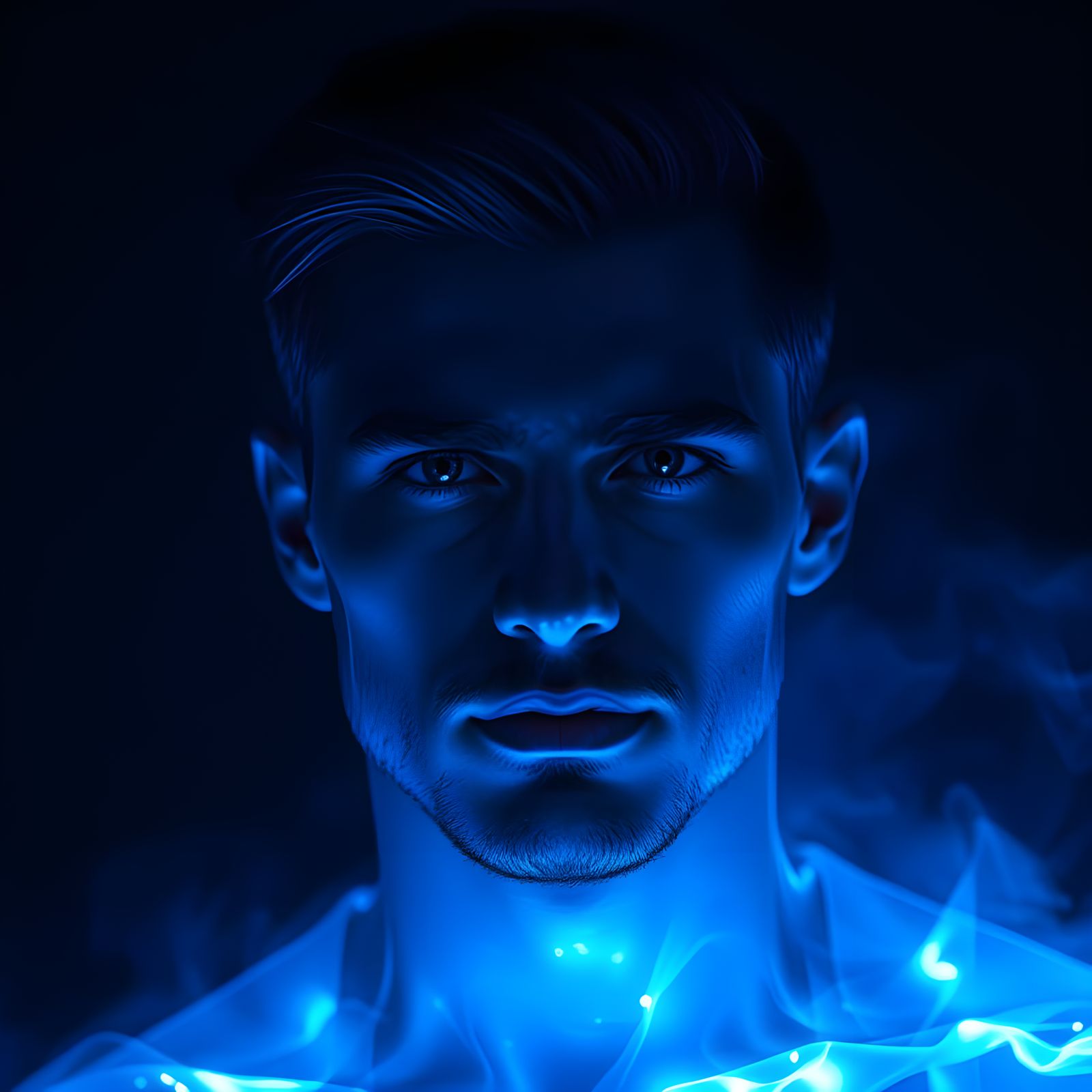 Glowing Hologram of a Chiseled Hero in Dark Ambiance