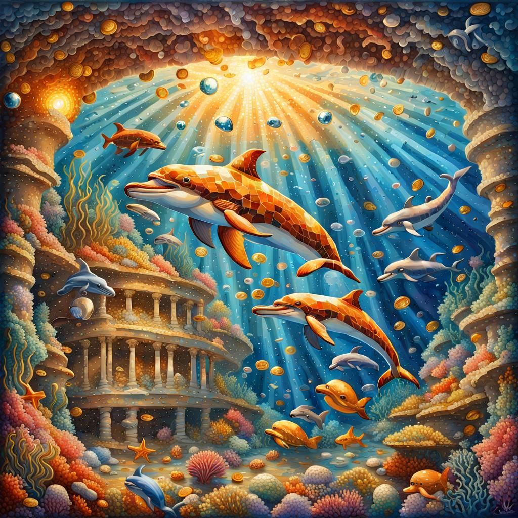 Underwater Mosaic: Dolphins, Coral, and Sun Rays