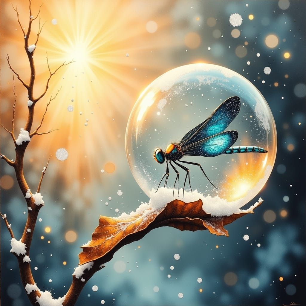 Winter Wonderland Dragonfly in Frozen Soap Bubble